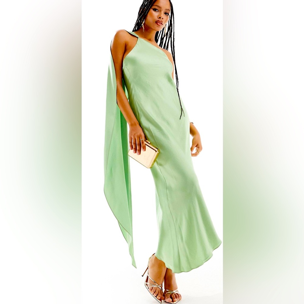 Mango One Shoulder Drape Satin Midi Dress- Light Green